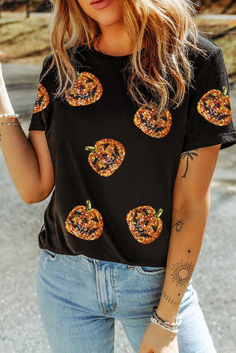 Black Sequin Pumpkin T-Shirt for Women Black