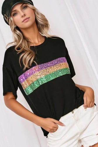 Black Sequin Stripe T-Shirt for Women Black