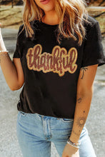 Black Sequin Thankful T Shirt with Rolled Sleeves for Women Black