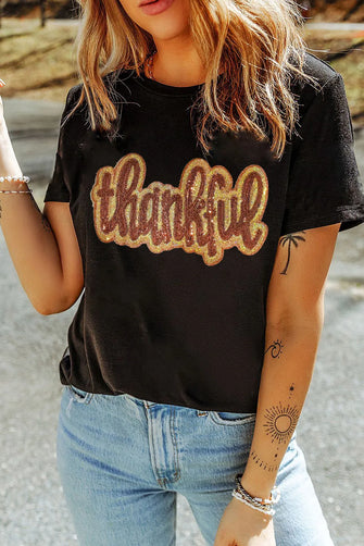 Black Sequin Thankful T Shirt with Rolled Sleeves for Women Black