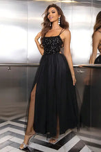Black Sequined Backless Tulle Gown Evening Dresses