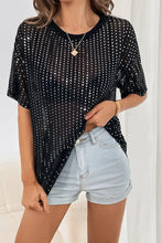 Black Sequined Mesh Top with Rhinestone Detailing Black