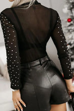 Black Sheer Polka Dot Top with Rhinestones and Leather Shorts Set