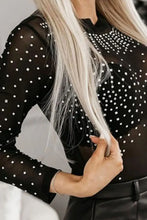 Black Sheer Polka Dot Top with Rhinestones and Leather Shorts Set