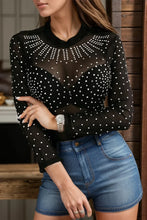 Black Sheer Polka Dot Top with Rhinestones and Leather Shorts Set Black