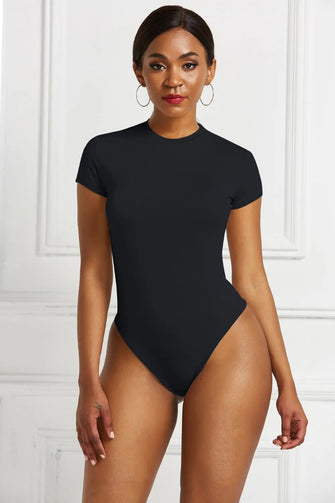 Black Short Sleeve Bodysuit for Women Stretchy Basic Style Black