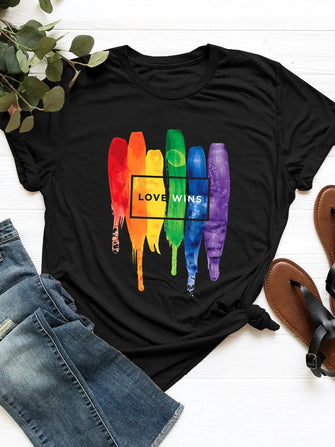 Black Short Sleeve Love Wins Rainbow Graphic T Shirt for Women Black