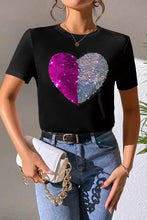 Black short sleeve t-shirt with heart sequin round neck design