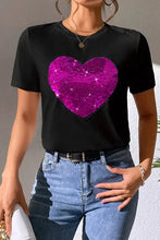 Black short sleeve t-shirt with heart sequin round neck design