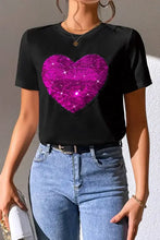 Black short sleeve t-shirt with heart sequin round neck design