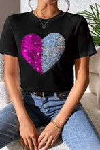 Black short sleeve t-shirt with heart sequin round neck design
