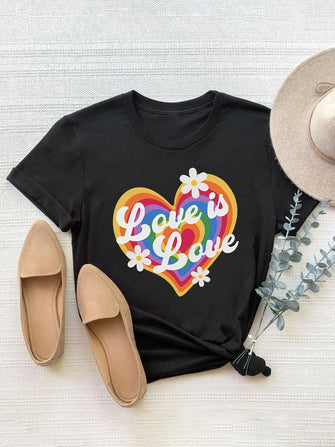 Black Short Sleeve T-Shirt with Rainbow Heart Graphic for Women Black