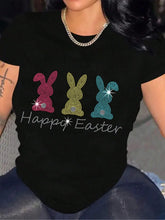 Black Short Sleeve T-Shirt with Rhinestone Easter Bunny Design Black