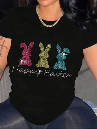 Black Short Sleeve T-Shirt with Rhinestone Easter Bunny Design Black