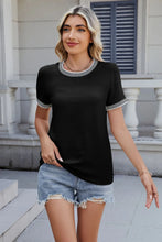 Black Short Sleeve T Shirt with Striped Trim for Women