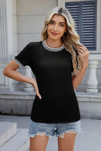 Black Short Sleeve T Shirt with Striped Trim for Women