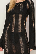 Black Backless Cover Mini Dress Long Sleeve Shredded Knit Swimsuit Cover Up