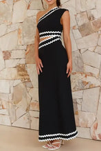 Black single shoulder maxi dress with cutout contrast trim