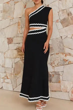Black single shoulder maxi dress with cutout contrast trim and white zigzag crochet hem