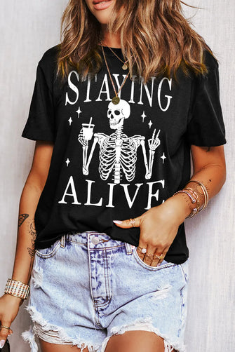 Black Skeleton Graphic T-Shirt and Light Blue Jeans for Women Black