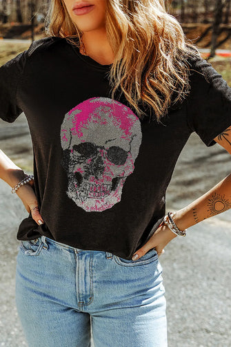 Black Skull Graphic T-Shirt for Women in Stretchy Rhinestone Fabric Black
