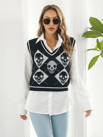 Black Skull Pattern Sweater Vest with White Trim for Women Black