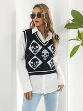 Black Skull Pattern Sweater Vest with White Trim for Women