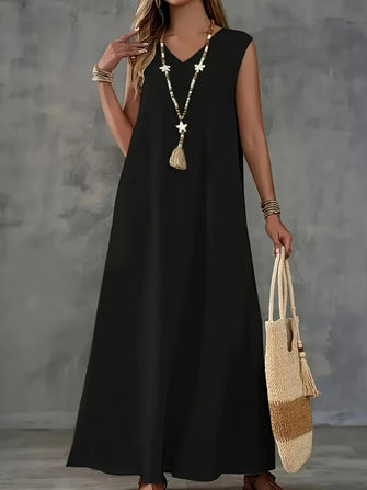 Black Sleeveless Maxi Dress Basic Style Polyester Black