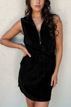 Black Sleeveless Zip Mini Dress with Drawstring Waist
