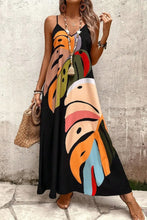 Black Spaghetti Strap Maxi Dress with Colorful Leaf Print and Pockets