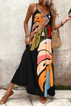 Black Spaghetti Strap Maxi Dress with Colorful Leaf Print and Pockets Maxi Dresses