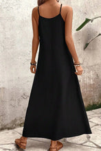 Black Spaghetti Strap Maxi Dress with Colorful Leaf Print and Pockets