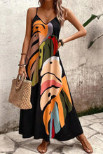 Black Spaghetti Strap Maxi Dress with Colorful Leaf Print and Pockets