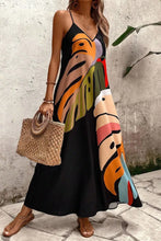Black Spaghetti Strap Maxi Dress with Colorful Leaf Print and Pockets
