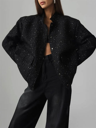 Black Sparkly Tweed Jacket for Women with Pockets Black