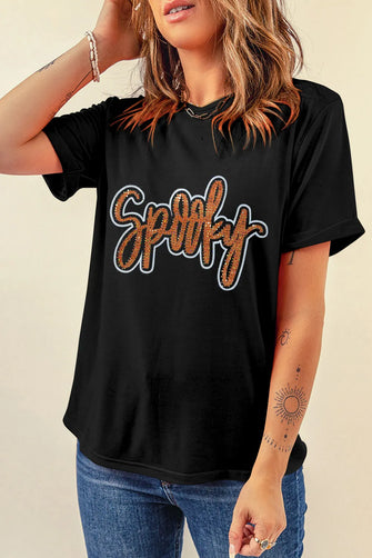 Black Spooky Halloween Rhinestone Graphic T Shirt for Women Black