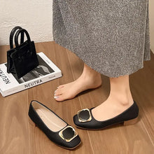 Black square toe flats with gold buckle detail