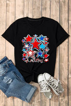 Black star graphic t-shirt for women in basic style with red white blue stars