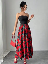 Black strapless floral tube maxi dress with red and black maxi skirt