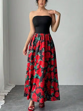 Black strapless floral tube maxi dress with red skirt