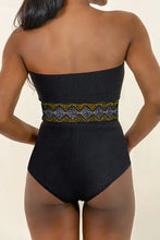 Black Strapless One Piece Swimsuit with Beaded Waist Belt Swimwear