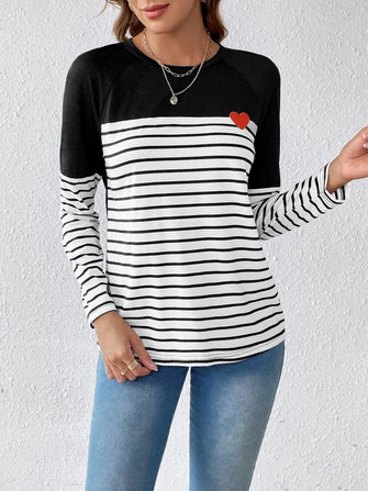 Black Striped Heart Detail Long Sleeve Shirt for Women Black