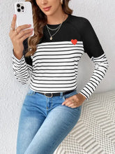 Black Striped Heart Detail Long Sleeve Shirt for Women Woman T Shirts