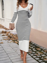 White and Black Striped Knit Midi Sweater Dress for Women