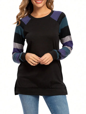 Black Striped Long Sleeve Stretch Tunic for Women Deep Teal
