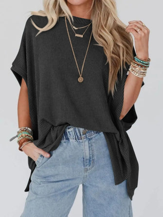 Black Striped Waffle Knit Poncho Top for Women Black
