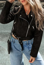 Black suede cropped moto jacket with silver zipper and sleeve length detail