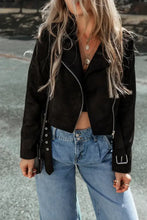 Black suede cropped moto jacket with silver zipper and sleeve length detail