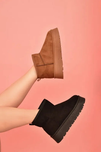 Black Suede Round Toe Platform Ankle Boots for Women Black