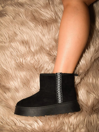 Black Suede Round Toe Platform Boots for Women Black